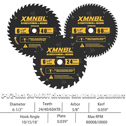 6-1/2 Inch Circular Saw Blade 24T 40T 60T Combo,6-1/2 Saw Frame Ultra Fine Finish Circular Saw Blade,Compatible with for DEWALT,Makita,Skil Saw,for Cutting Lumber,Plywood Material,5/8 Inch Arbor