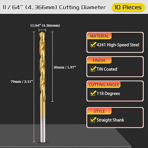 Drill Bit, 11/64" Cutting Diameter (4.366mm), 4241 HSS TiN Coated 118° Cutting Angle Versatile Jobber Bits - (Applications: for Drilling Plastic Wood Soft Thin Metal), 10-Pieces
