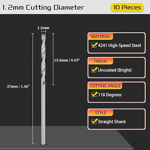Drill Bit, 1.2mm Cutting Diameter, 4241 HSS 118° Cutting Angle Uncoated Bright Versatile Jobber Bits - (Applications: for Drilling Plastic Wood Soft Metal), 10-Pieces