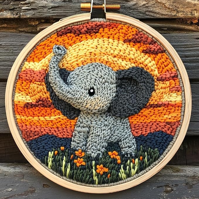 DIY Punch Needle Kits Cartoon Grey Elephant Sunset by Unknown