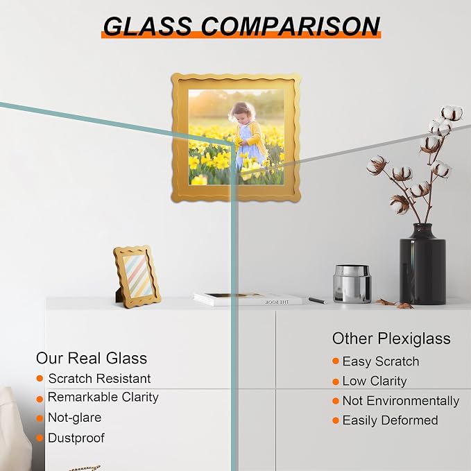 12x12 Picture Frame with Mat for 10x10, Wavy Edge Wooden Real Glass Photo Frame - Image 2