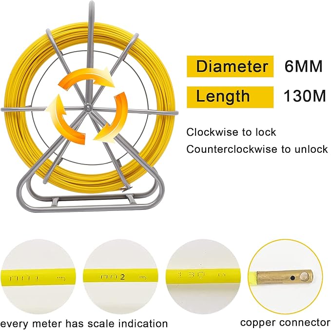 Fish Tape Fiberglass 6MM 425FT Fishing Wire Duct Rodder Cable Puller Running Electrical Fishtape Rod with Steel Wheel Stand Reel through Wall Pipe