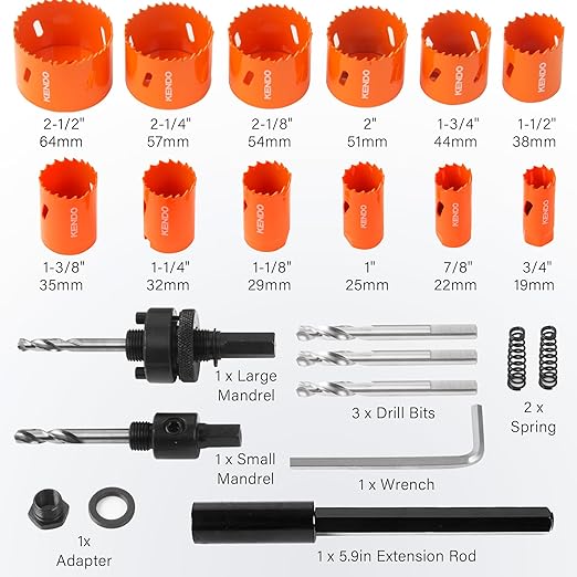 KENDO Bi-Metal Hole Saw Kit in Case, 26-Piece Hole Saw Set with 3/4" to 2-1/2", Arbor, Hex Wrench, High-Strength Carbide Steel, Hole Saw Set for Metal, PVC Board, Wood and Plywood
