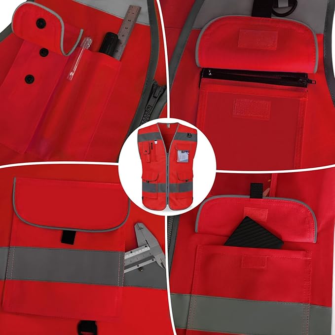 TCCFCCT Reflective Safety Vest 9 Pockets High Visibility Vest for Men Women, Hi Vis Reflective Work Vest for Safety, Meets ANSI/ISEA Standards, (Red, XX-Large)