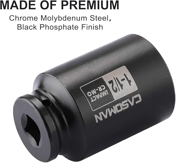 CASOMAN 6-Point 1/2-Inch Drive Deep Impact Socket- 1-1/2" (SAE), CR-MO, 1/2-inch Drive 6 Point Axle Nut Socket for Easy Removal of Axle Shaft Nuts (1-1/2")