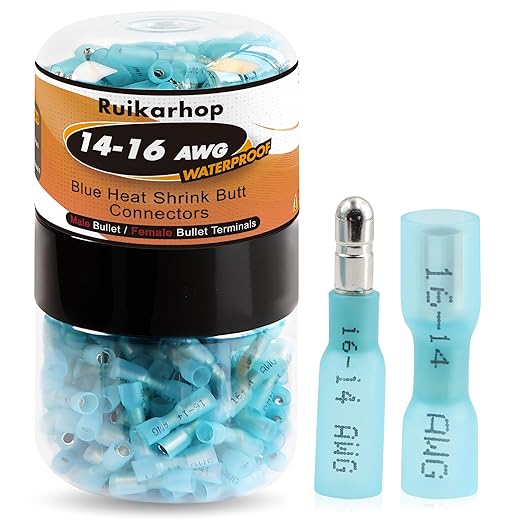 300PCS Heat Shrink Electrical Bullet Wire Connectors Kit for Wiring,Blue 14-16AWG Waterproof Male and Female Bullet Butt Terminals for Marine,Boat,Stereo,Motocycle,12V Truck Light,DIY.