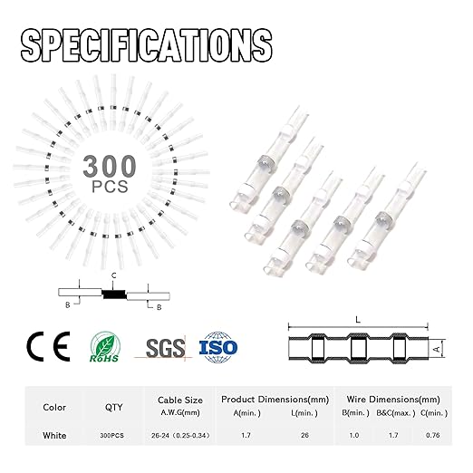 Kuject 300PCS Solder Seal Wire Connectors AWG 26-24, White Solder Seal Heat Shrink Butt Connectors Terminals Solder Sleeve Waterproof Wire Splice Connector for Marine Boat Wire Joint