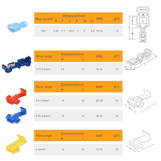 Nilight 100PCS Quick Splice Solderless Wire and T-Tap Electrical Connectors 22-18 18-14 12-10 AWG T Tap Insulated Terminal Assortment Kit