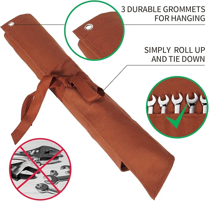 Tool Organizers,16 Pocket Wrench Pouch,Metric or SAE,Wrench Bag and Wrench Roll Up Pouch,Used for Wrench Organization and Tool Storage(Reddish brown)