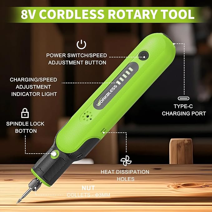 8V Cordless Rotary Tool Kit with 103pcs Accessories, USB-C Charging, 5-Speed 25000RPM mini cordless rotary tool， Power Rotary Tool for Engraving, Sanding, Drilling, Polishing, DIY Crafts