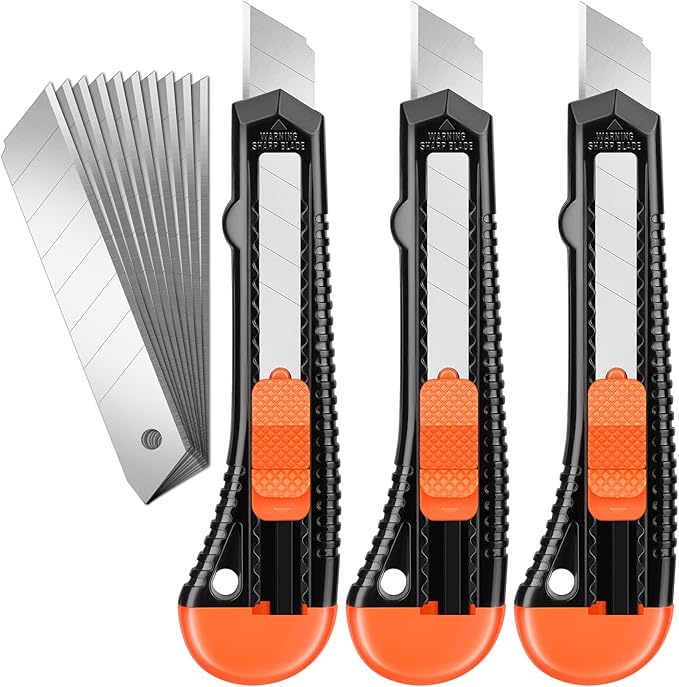 3 Pack Utility Knife Box Cutter Retractable, Compact Box Knife for Cartons, Cardboard, and Boxes, with 10 Piece 18mm Wider Snap-off Blade Razor Sharp Blade, Perfect for Office and Home Use