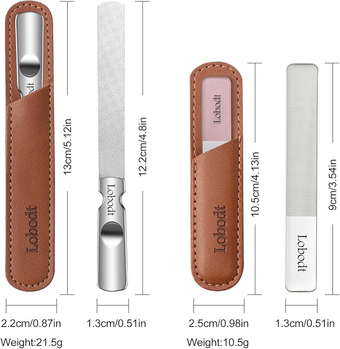 Glass Nail File - Stainless Steel with Anti-Slip Handle and Leather Case, Family or Travel Mini Nail File Suitable for Both Men and Women