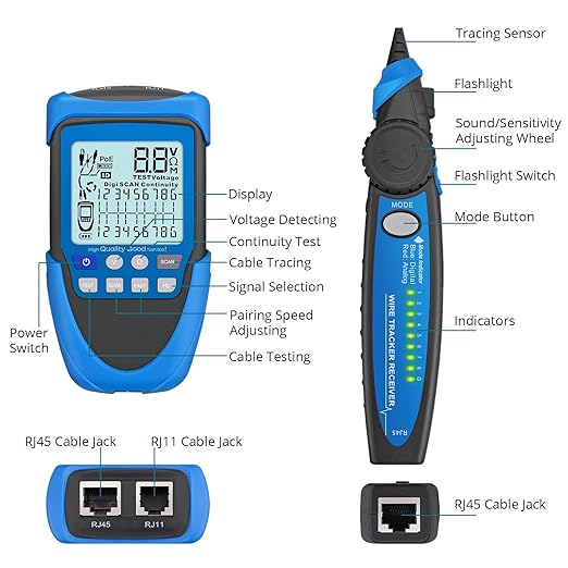 Network Cable Tester, PoE Cable Tester for CAT5, CAT5e, CAT 6, CAT 7 CAT 8, RJ45, Multifunction Power Over Ethernet Tester, Cable Voltage Tester Line Location Finder Cable Tracer, Wire Tracker