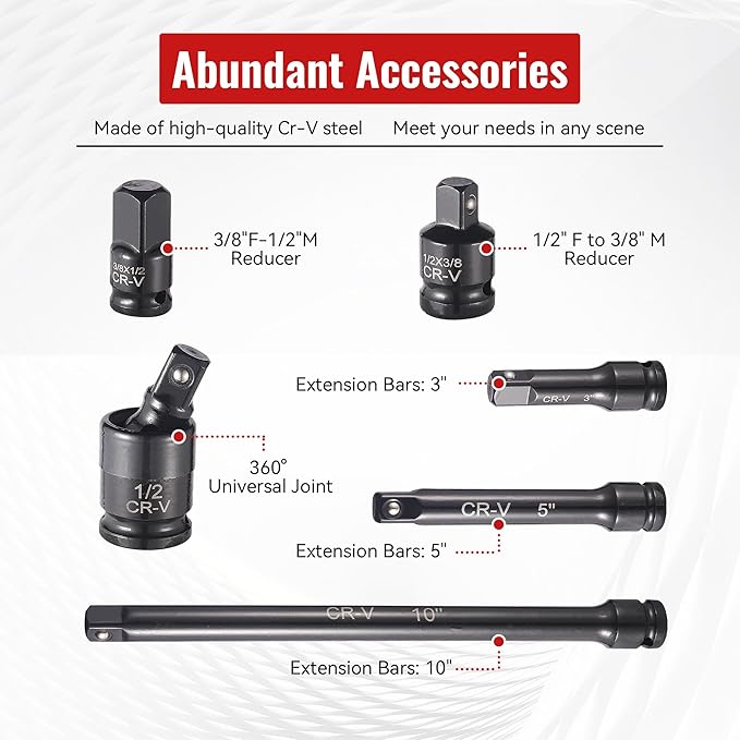 25-Piece 1/2" Drive Socket Set, SAE (3/8"- 1-1/2"), Deep Sockets, Extension Bars, 1/2" F to 3/8" M Reducer,3/8" F to 1/2" M Reducer, Universal Joint, 6 Point Design, Cr-V