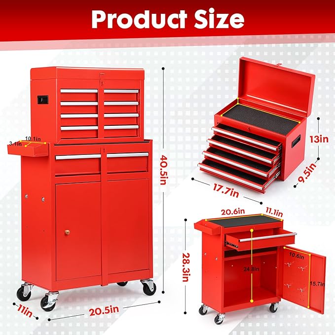 5-Drawer Rolling Tool Chest with Wheels - High Capacity Tool Cabinet with Detachable Top Toolbox for Garage and Workshop Organization - Metal Tool Cart with Liner & 4 Hooks, Red