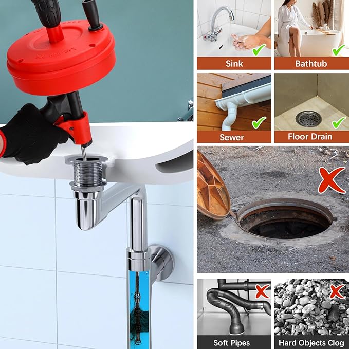 35 FT Double Mode Drain Snake Tools, 11-in-1 Drain Auger for Sink and Drain Unblocking, Plumbing Snake for Kitchen, Bathrom and Shower Sink, Snake for Real DYIs【Upgraded】