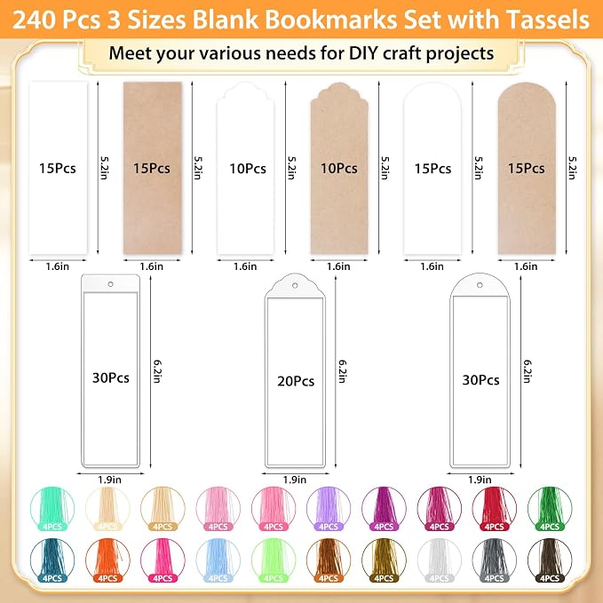 240 Pcs Kraft Paper Blank Bookmarks, 3 Sizes 2 Colors Bookmark Making Kit - Image 2