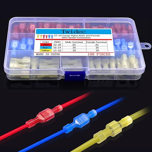Twidec/100PCS Nylon Spade Connectors Kit 22-10 Gauge Male and Female Wire Spade Terminal Quick Disconnect Fully Insulated Wire Crimp Connector for Automotive Marine