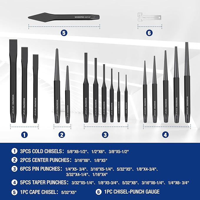 WORKPRO 30 PCS Heavy Duty Punch and Chisel Set with Roll Pouch, Cold & Cape Chisel, Center, Pin & Taper Punch, and Gauge, Blackened and Painted Finish for Durability