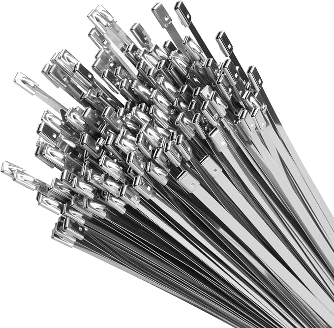 XINGO 26 inch Metal Long Zip Ties Heavy Duty 100 Pack, 304 Stainless Steel Zip Ties, 300lbs Tensile Strength, Multi-Purpose Self-Locking Cable Ties for Exhaust Wrap, Outdoor and Canopy Etc
