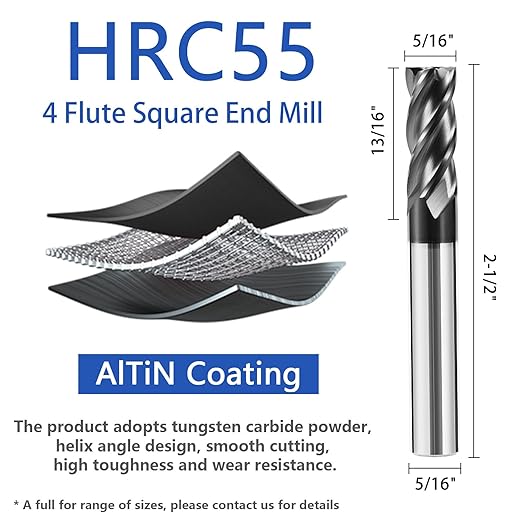 5/16" Carbide End Mill Bits Set for Alloy & Hardened Steels - Hrc55 Micro Grain, 4-Flute Milling Cutter with AlTiN Coating, CNC Router Bits, High-Performance Milling Bits