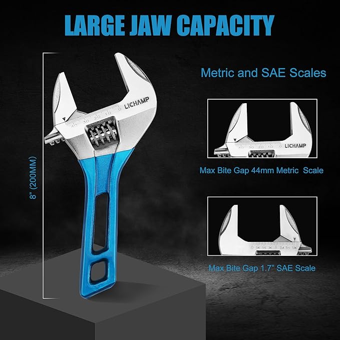 Lichamp 8-Inch Stubby Adjustable Wrench with 44 mm Wide Jaw Opening for Plumbing Automotive and Industry Tight Spaces Work