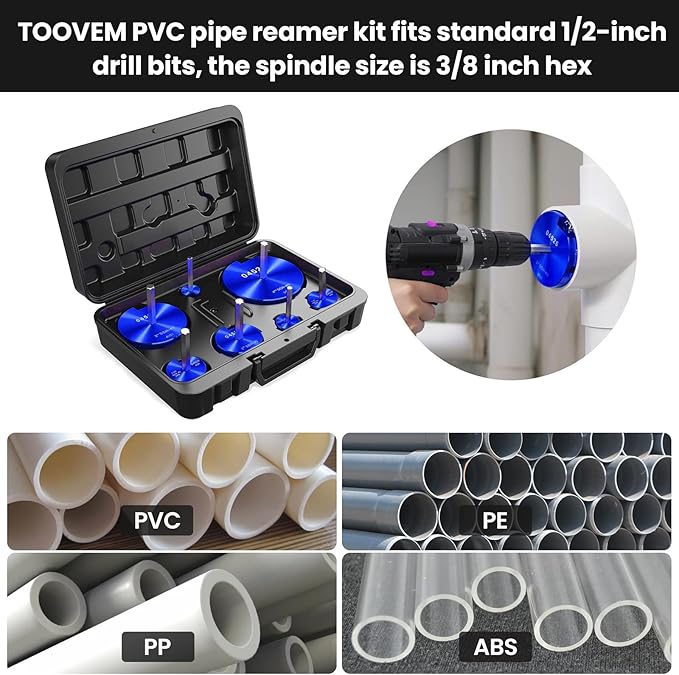 TOOVEM 7 Pcs PVC Pipe Reamer Set with 3/4inch, 1-1/4inch, 1-1/2inch, 2inch,3inch,4inch Head Aluminum PVC Fitting Saver, PVC Socket Saver for Standard 1/2" Drill (Blue)