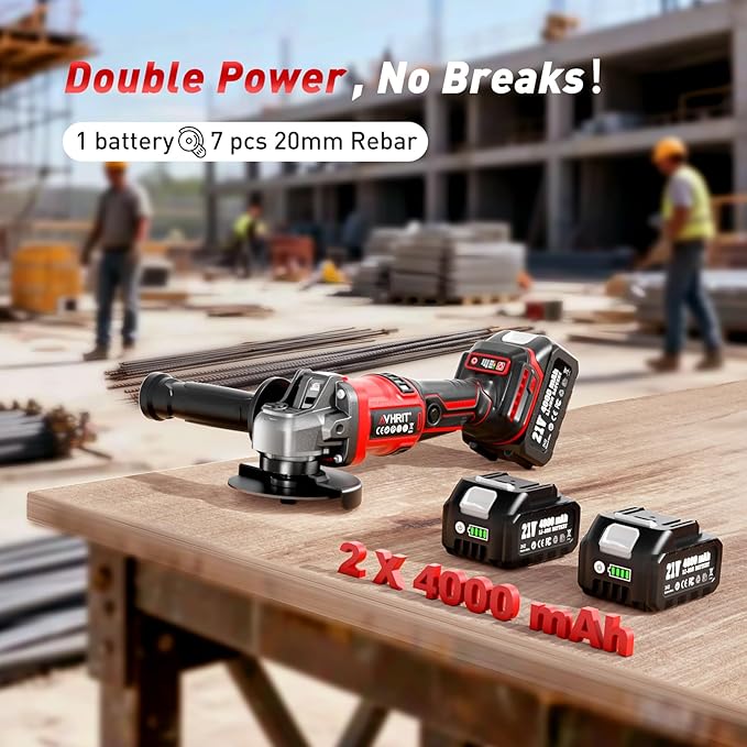 Angle Grinder Cordless 21V: Battery Grinder with 2x 4000mAh, Brushless Motor, Adjustable 3-speed with LED for Cutting Grinding