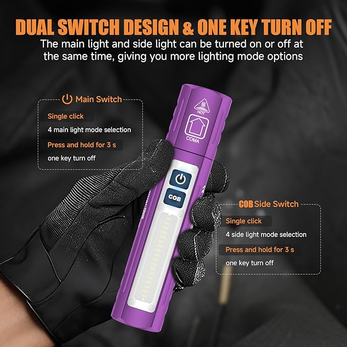 Rechargeable Tactical Flashlights High Lumens - Super Bright Small Powerful LED Magnetic USB C Flashlight, 8 Modes, Dual Button Waterproof Pocket Flash Light for Emergency, Car (1, Purple)