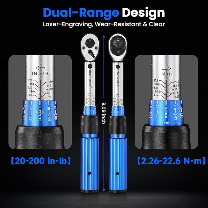 ‌1/4 Inch Drive Click Torque Wrench Set, 20-200 in.lb / 2.26-22.6 Nm Inch Pound Torque Wrench 90-Tooth Bike Torque Wrench Set with ±3% Accuracy for Bicycle and MTB Repair