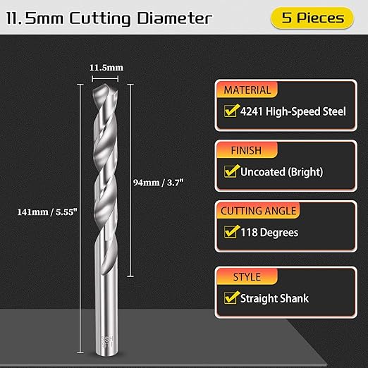 Drill Bit, 11.5mm Cutting Diameter, 4241 HSS 118° Cutting Angle Uncoated Bright Versatile Jobber Bits - (Applications: for Drilling Plastic Wood Soft Metal), 5-Pieces