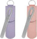 Metal Nail File with Case, 2 Pack Keychain Nail Files for Natural Nails, Fingernail Files Diamond Round Tip Stainless Steel Double Sided Fine Grit Silver Filer with Leather Sheath Travel Pink Purple