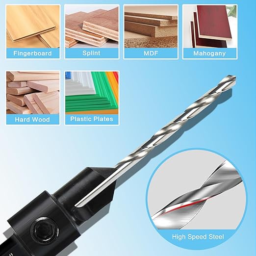 DKIBBITH 12-Piece Countersink Drill Bit Set with 5 Spare Bits, 2 Limit Rings, 1 Hex Key, 2 Screws & Case - 3-in-1 Wood Countersink Bit for #6#8#10#12#16 Screws, 82°Chamfer, Depth Adjustable.