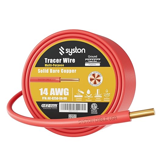 14 AWG Tracer Wire 600V 100% Solid Copper Conductor Direct Burial Underground, Red Tracer Wire for Locating Underground Pipes and Lines Electrical Wire Gas Water Sewer Pipe and Fiber Optic, 50 FT