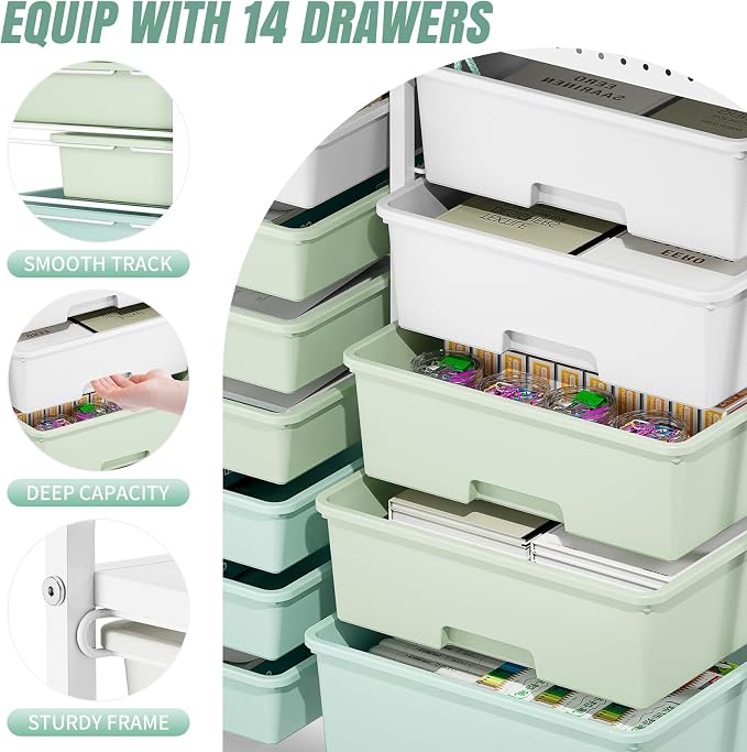 Rolling Storage Cart with 14 Drawers, Storage Organizer Cart with Tabletop and - Image 4
