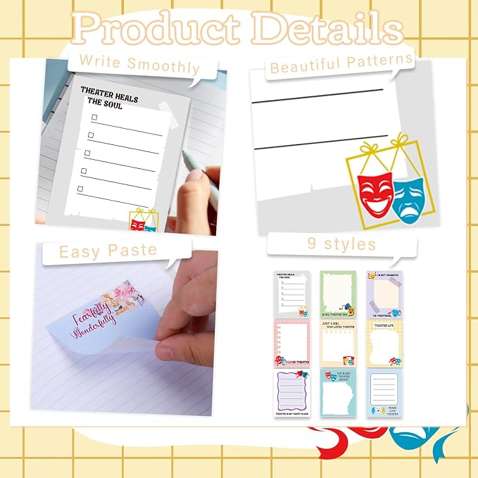Drama Sticky Notes Gifts, 9 Pack Theater Notepads 3x4 Inches, Musical Clown - Image 3