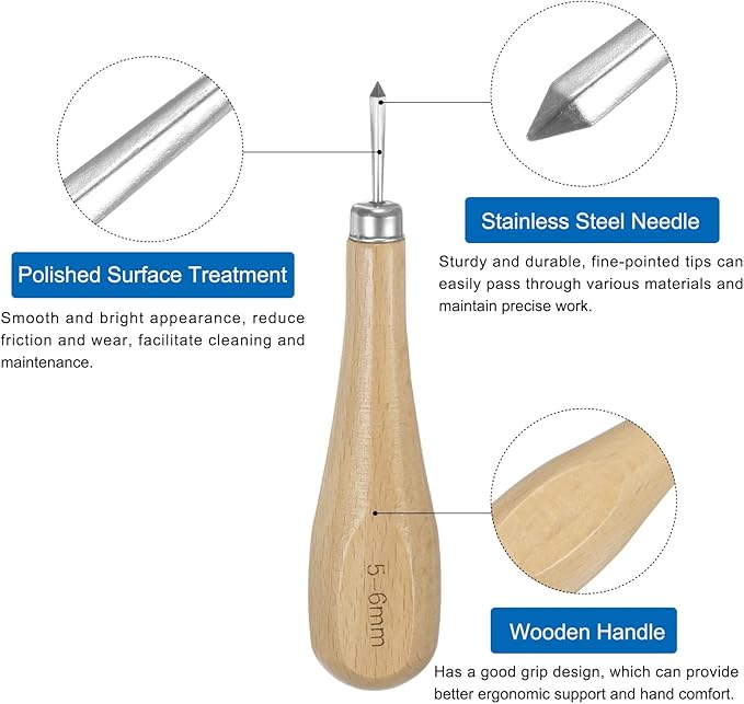 HARFINGTON Handwork Sewing Awl 5mm Rhombus Taper Stitch Leather Punch Hole Tool with Wooden Handle Scratch for Leather Craft Drilling Stitching Repair and DIY Handmade, Log Color