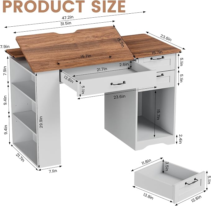 Drafting Table with Storage Cabinet & Drawers, Adjustable Drawing Desk with - Image 2