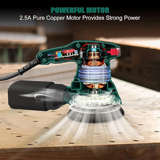 5-Inch Random Orbital Sander, HYCHIKA 13000RPM Electric Orbital Sander with 6 Various Speeds, Palm Sander with 12 Pcs Sandpapers, 1 Pcs Dust Bag, Fit for Woodworking/Sanding