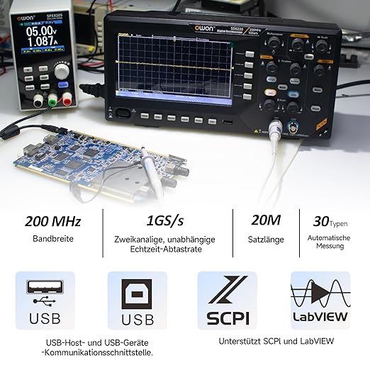 OWON Digital Oscilloscope with 4 Channels and Screen 7 inch / 18 cm, TFT-LCD Display, Portable Professional Oscilloscope Kit with 1GS/s Sampling Rate, Bandwidth 200MH, SDS220