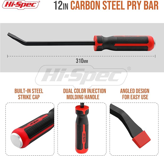 Hi-Spec 1pc Carbon Steel Pry Bar Set - 12" (1ft) / 0.3m" Size with Heavy Duty Striking Cap. Ergonomic Comfort Hold Handles for Home & Garage DIY Jobs
