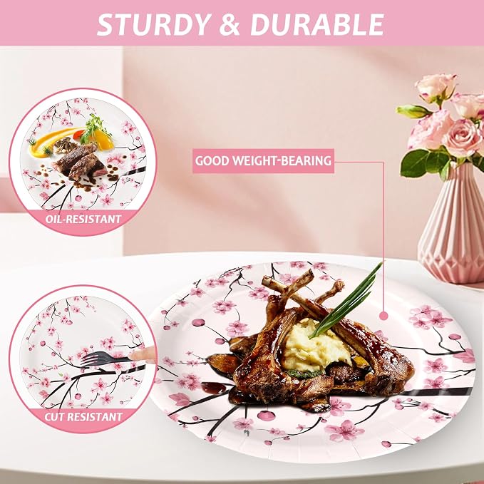Qyeahkj 100 PCS Cherry Blossom Party Supplies Set Cherry Blossom Plates and - Image 4