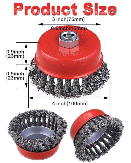 4" Wire Wheel Cup Brush, Coarse Twisted Knotted Wire Wheel for Angle Grinder, 5/8 Inch-11 Threaded Arbor, 0.020" Carbon Steel Wire Brush for Grinder, Heavy Cleaning Rust, Abrasive. (2)