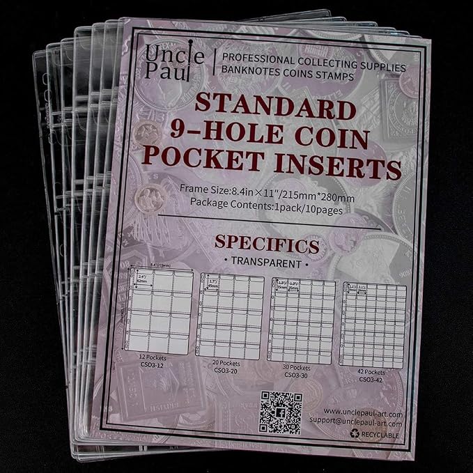 Coin Collecting Pages 5 Sheets 20 Pockets Standard 9Hole Coin Pocket Inserts - Image 5