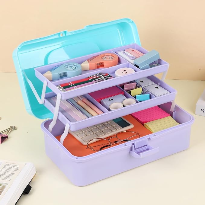 Sewing Box, 3-Layer Craft Organizers Portable Folding Toolbox, Plastic Tool Box - Image 5