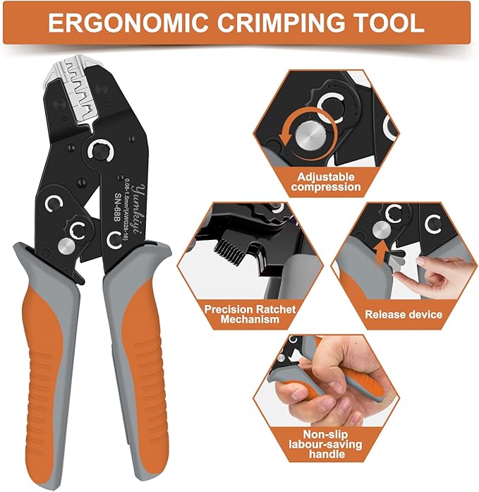 Ratchet Crimping Tool and Wire Stripper Set - 7 in 1 Wire Crimper Tool for Insulated Nylon,Non-Insulated,Ferrule Wire End,Open Barrel Terminals,Solar Connectors