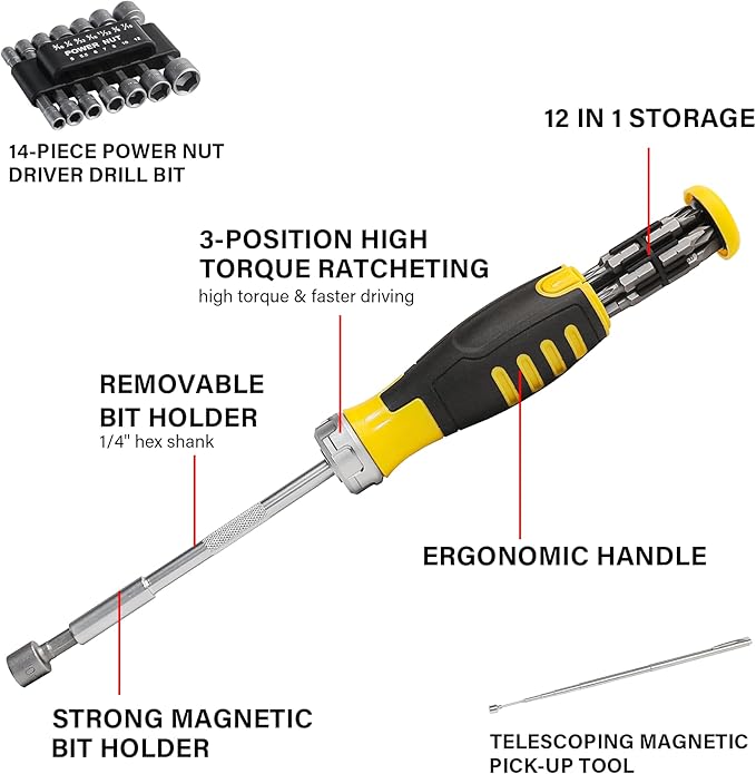 HAUTMEC 28 Pcs Magnetic Ratcheting Screwdriver Set, Multi-bit Screw Driver Set Including CRV Screwdriver Bits, Nut Driver Set and Telescoping Magnetic Pickup Tool for DIY, Electronics, Auto Repair