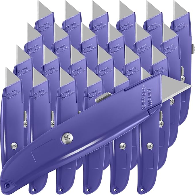 Reginary 20 Pcs Box Cutter Bulk Retractable Utility Knife Heavy Duty Aluminum Alloy Razor Knife for Cardboard Box Carton Opener for DIY, Factory, Home Office(Purple)