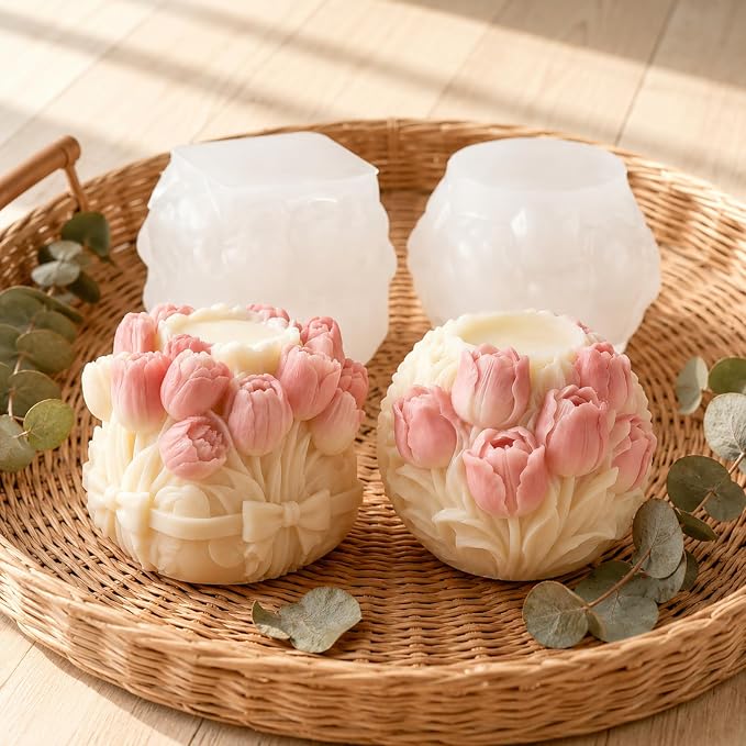 2 PCS 3D Tulip Flower Ball Silicone Candle Molds by JDHSilicone
