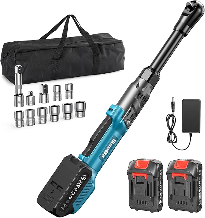 Extended Cordless Electric Ratchet Wrench: 66 Ft-lbs Power Ratchet Wrench 3/8", Brushless Motor, Variable Speed Trigger, 2 Pack 21V Batteries & Charger, 8 Sockets, 1/4"& 1/2" Adapter, 3" Extension Bar